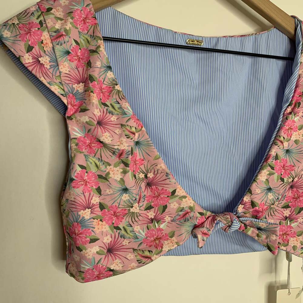 Beach Bunny Floral Tie-Front Reversible Swim Top Pink Floral Blue Stripe New XL - Picture 10 of 13
